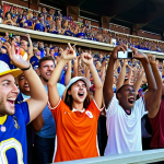 **

Prompt: A diverse group of sports fans excitedly watching a game on their smartphones, some cheering, others using an interactive app. Focus on vibrant stadium colors and a sense of community.

**