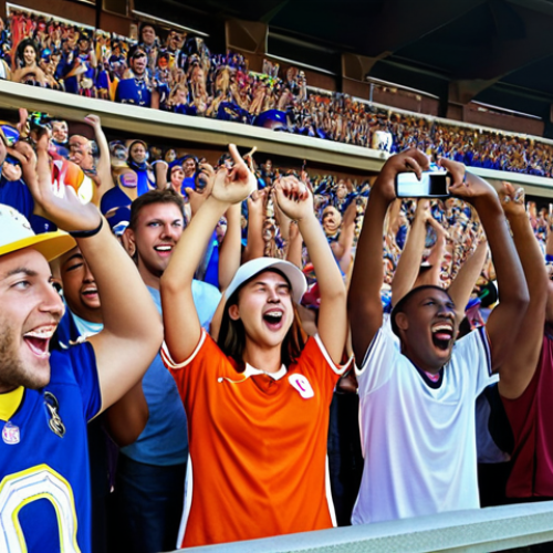 **

Prompt: A diverse group of sports fans excitedly watching a game on their smartphones, some cheering, others using an interactive app. Focus on vibrant stadium colors and a sense of community.

**