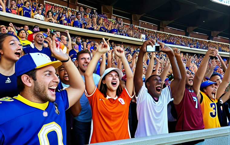 **
Prompt: A diverse group of sports fans excitedly watching a game on their smartphones, some cheering, others using an interactive app. Focus on vibrant stadium colors and a sense of community.
**