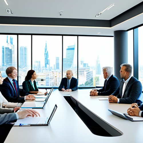 A diverse group of professional business executives, of European descent, seated around a large modern conference table. One executive gestures gently while speaking, demonstrating active listening and empathy, while others are engaged in focused discussion, some taking notes. The atmosphere is collaborative and professional. All individuals are fully clothed in professional business suits and modest attire. A spacious, high-tech meeting room with large display screens showing abstract business graphics. Natural light streams in from large windows overlooking a city skyline. Photorealistic, cinematic lighting, sharp focus, natural pose, perfect anatomy, correct proportions, well-formed hands, proper finger count. safe for work, appropriate content, fully clothed, professional, modest clothing.