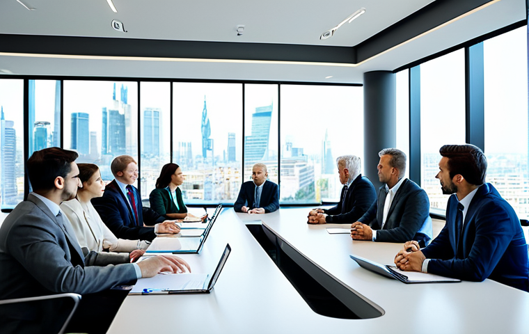 A diverse group of professional business executives, of European descent, seated around a large modern conference table. One executive gestures gently while speaking, demonstrating active listening and empathy, while others are engaged in focused discussion, some taking notes. The atmosphere is collaborative and professional. All individuals are fully clothed in professional business suits and modest attire. A spacious, high-tech meeting room with large display screens showing abstract business graphics. Natural light streams in from large windows overlooking a city skyline. Photorealistic, cinematic lighting, sharp focus, natural pose, perfect anatomy, correct proportions, well-formed hands, proper finger count. safe for work, appropriate content, fully clothed, professional, modest clothing.