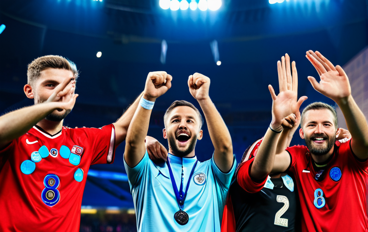 A diverse group of passionate sports fans, fully clothed in modest team jerseys and scarves, united in a vibrant digital community space. They are cheering, with subtle holographic screens displaying real-time game stats and fan messages, embodying a strong sense of collective euphoria and shared identity. The atmosphere is authentic and emotional. Professional photography, high quality, safe for work, appropriate content, fully clothed, modest clothing, family-friendly, perfect anatomy, correct proportions, natural pose, well-formed hands, proper finger count.