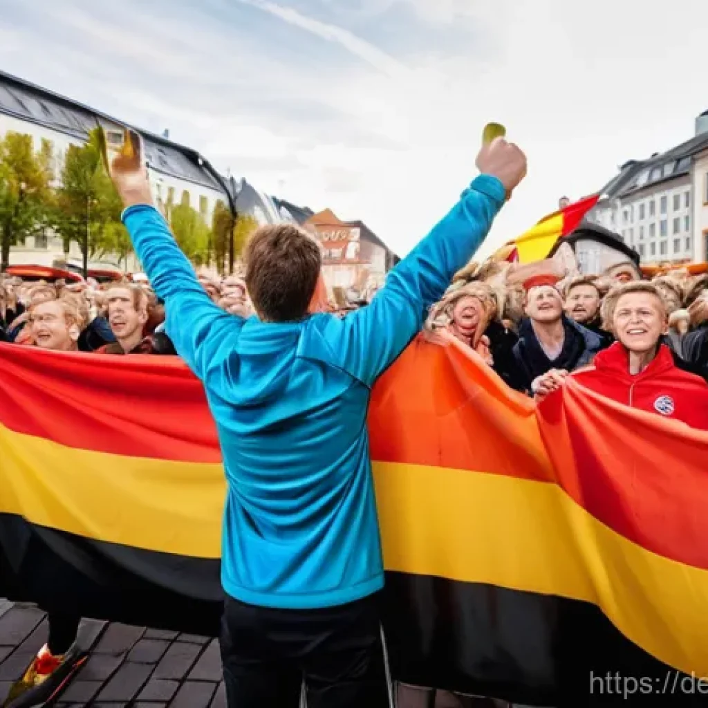 스포츠마케팅과 글로벌 마케팅 전략 - **Prompt:** A vibrant public viewing scene in a German city square, filled with a diverse crowd of c...
