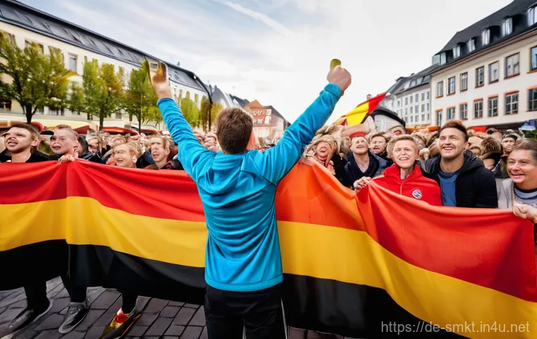 스포츠마케팅과 글로벌 마케팅 전략 - **Prompt:** A vibrant public viewing scene in a German city square, filled with a diverse crowd of c...