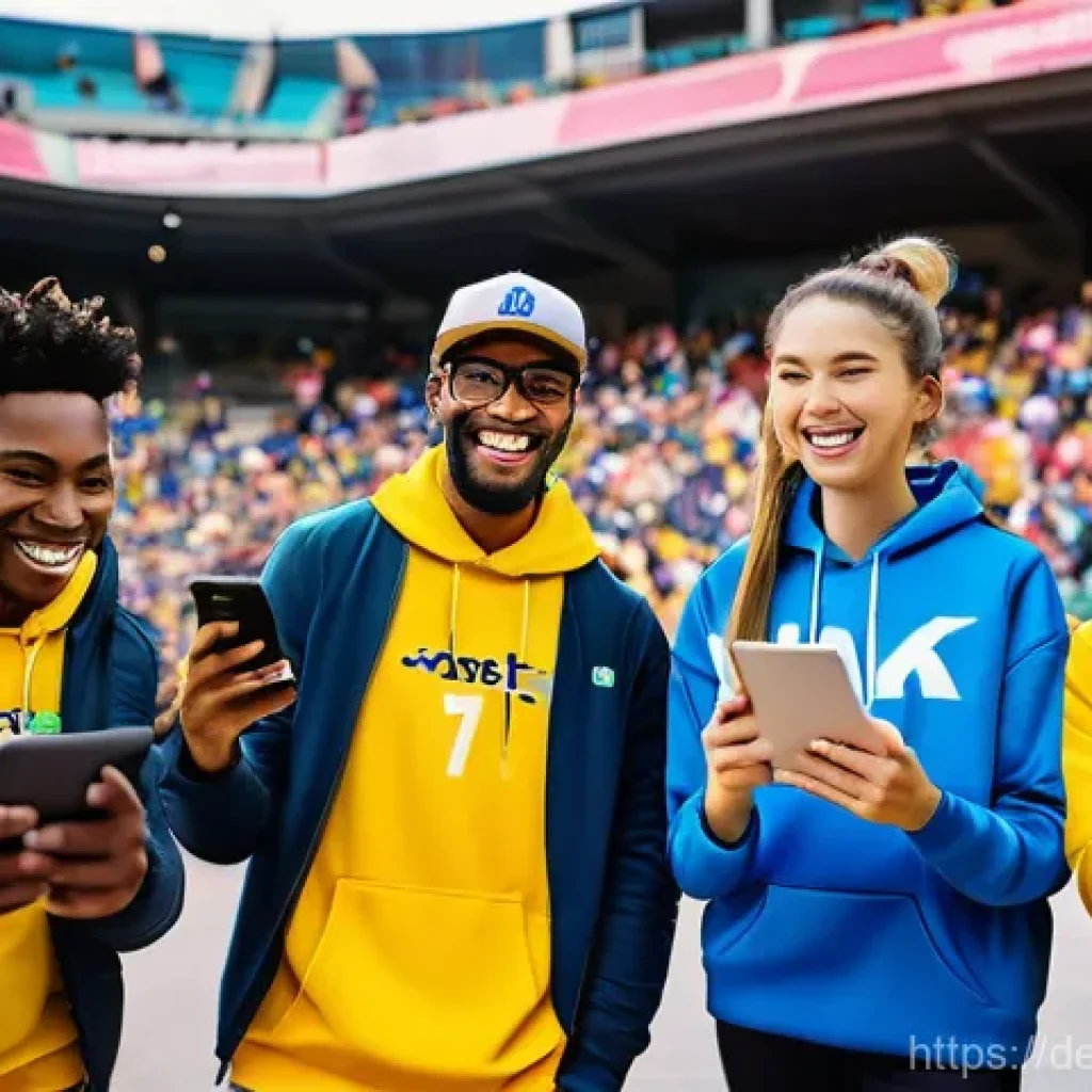 스포츠마케팅 전문가 필수 스킬 - A vibrant, high-energy image capturing a diverse group of young adults and teenagers, all dressed in...