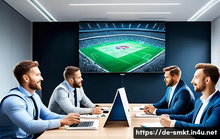 스포츠마케팅 전문가의 경력 스토리 작성법 - A dynamic sports marketing team in a modern conference room, diverse professionals collaborating int...