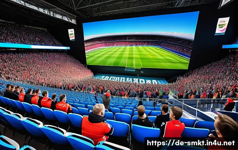 스포츠마케팅 이벤트 운영과 팬 충성도 향상 - A vibrant sports marketing event scene in a modern German stadium, showing diverse fans actively eng...