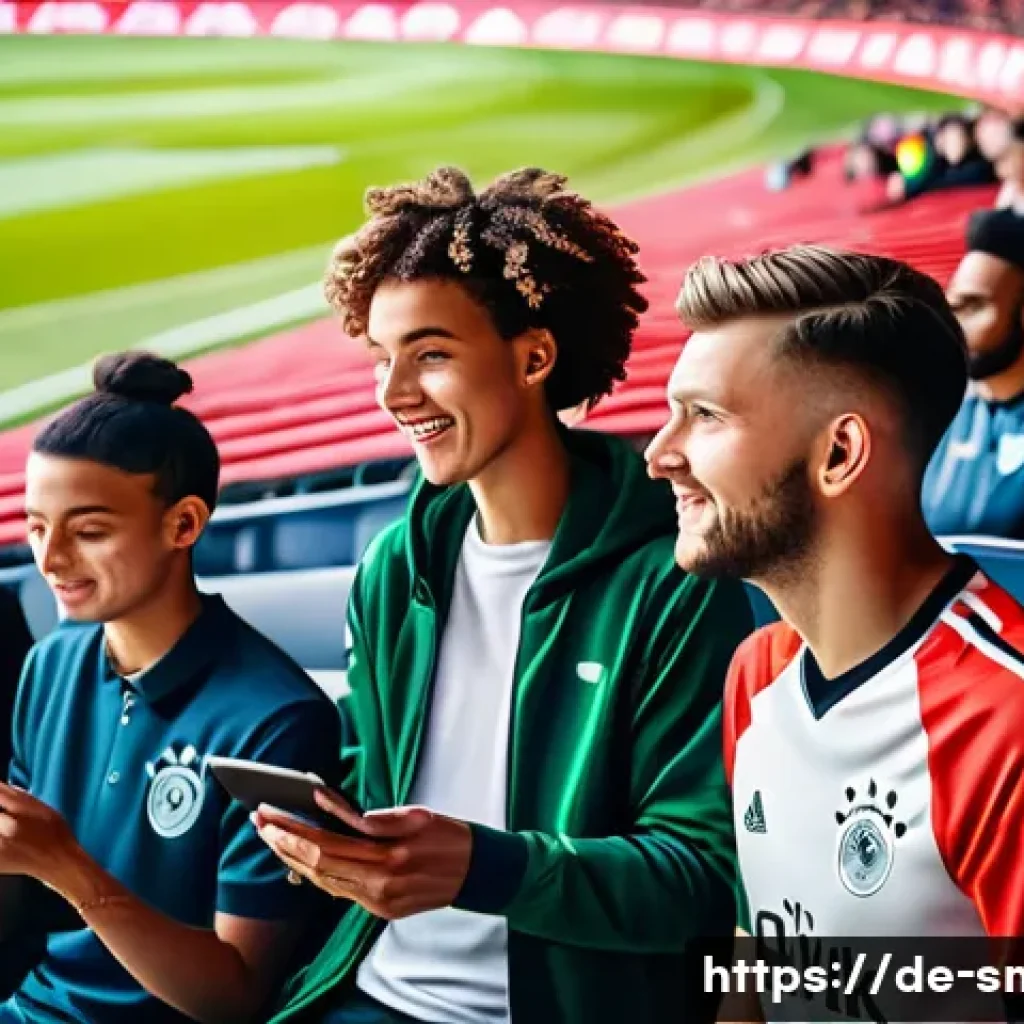 스포츠마케팅 컨설팅 사례 연구 - A vibrant sports marketing scene showing a diverse group of young German football fans engaging with...