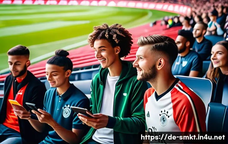 스포츠마케팅 컨설팅 사례 연구 - A vibrant sports marketing scene showing a diverse group of young German football fans engaging with...