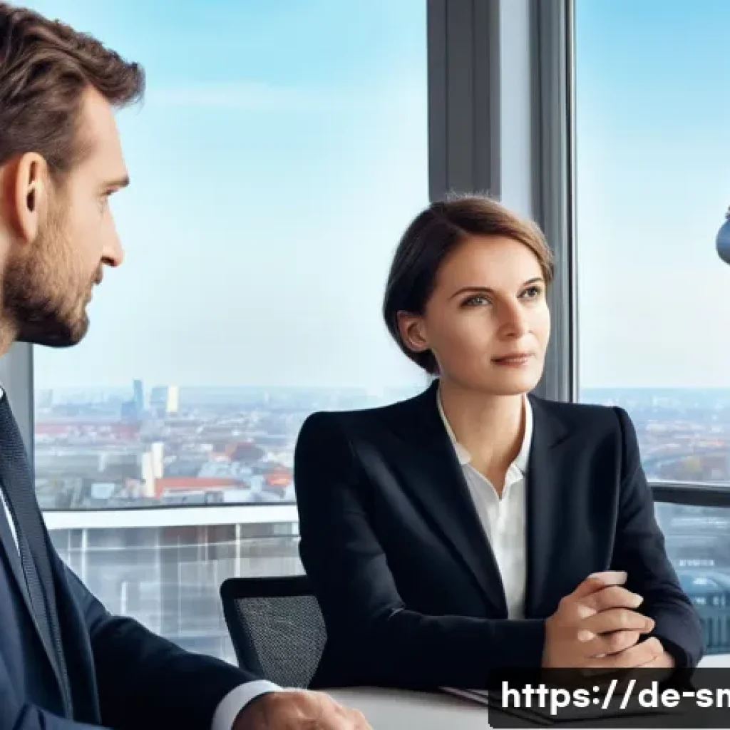 스포츠마케팅 전문가의 협상과 갈등 해결 전략 - A professional sports marketing negotiation scene in a modern German office, showing two diverse bus...