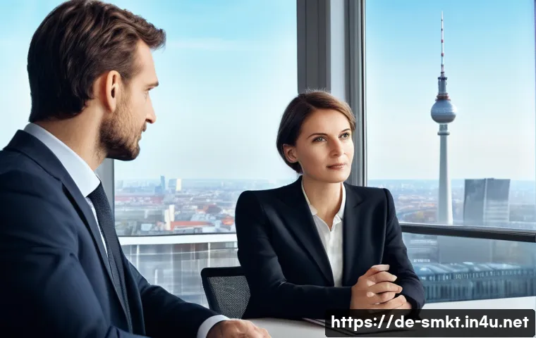 스포츠마케팅 전문가의 협상과 갈등 해결 전략 - A professional sports marketing negotiation scene in a modern German office, showing two diverse bus...