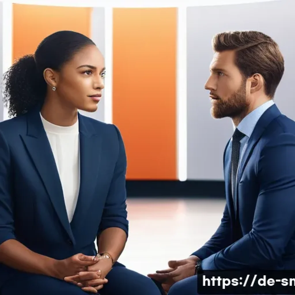 스포츠마케팅 전문가의 인터뷰 기술 - A professional sports marketing interview scene in a modern studio setting, featuring a confident in...