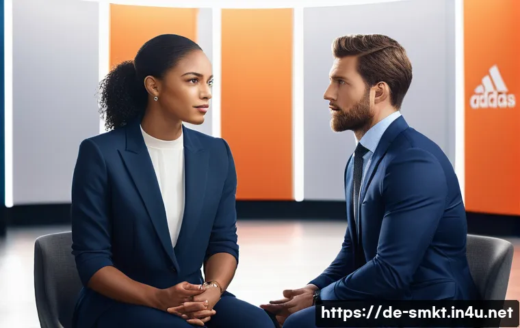 스포츠마케팅 전문가의 인터뷰 기술 - A professional sports marketing interview scene in a modern studio setting, featuring a confident in...