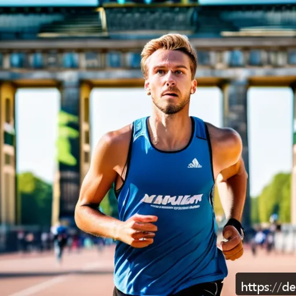 스포츠마케팅에서의 효과적인 콘텐츠 제작 팁 - A dynamic and emotional sports marketing scene featuring a young German marathon runner in branded r...