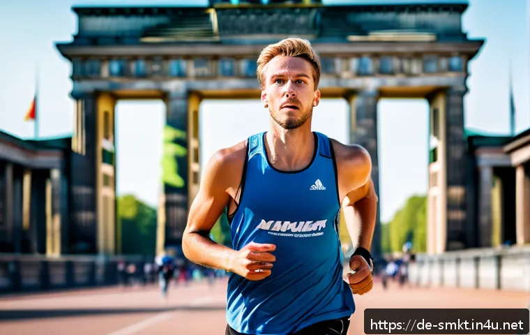 스포츠마케팅에서의 효과적인 콘텐츠 제작 팁 - A dynamic and emotional sports marketing scene featuring a young German marathon runner in branded r...