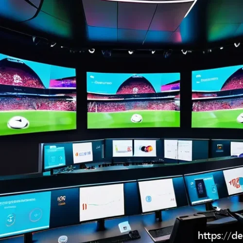 스포츠마케팅 전문가로서의 전문성 향상 계획 - A high-tech sports marketing control room featuring multiple large screens displaying real-time AI-d...