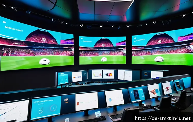 스포츠마케팅 전문가로서의 전문성 향상 계획 - A high-tech sports marketing control room featuring multiple large screens displaying real-time AI-d...