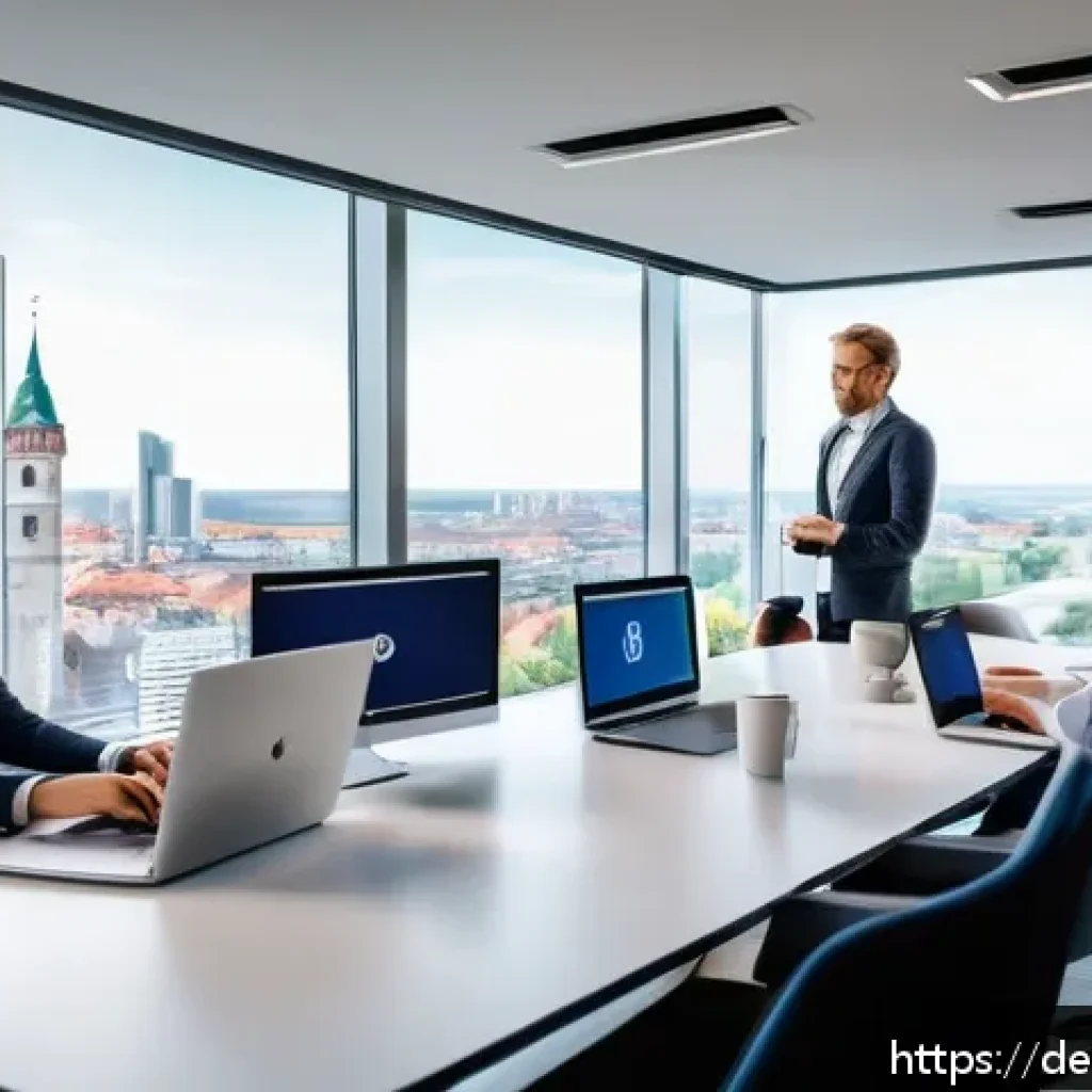 스포츠마케팅 직무별 연봉 조사 결과 - A modern German sports marketing office environment in Munich, featuring a diverse team of professio...