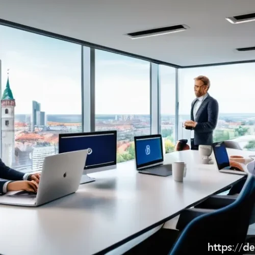 스포츠마케팅 직무별 연봉 조사 결과 - A modern German sports marketing office environment in Munich, featuring a diverse team of professio...