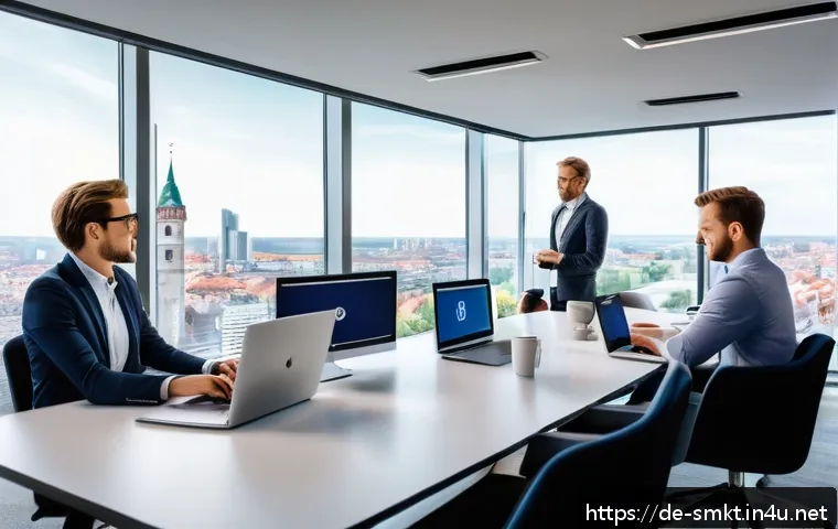 스포츠마케팅 직무별 연봉 조사 결과 - A modern German sports marketing office environment in Munich, featuring a diverse team of professio...