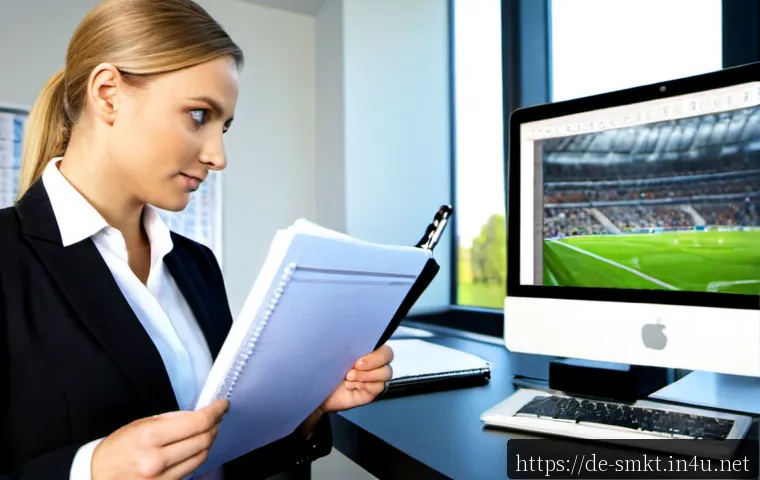 스포츠마케팅 전문가를 위한 자가진단 체크리스트 - Photorealistic sports marketing professional in a modern German office, thoughtfully reviewing a bla...