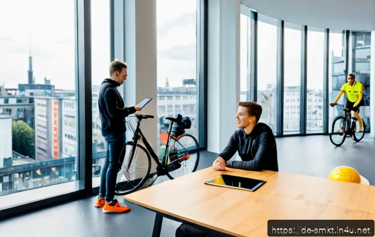Home 17 스포츠마케팅 스타트업 창업 사례 - Photorealistic German sports marketing startup team in a bright modern Berlin coworking studio, thre...