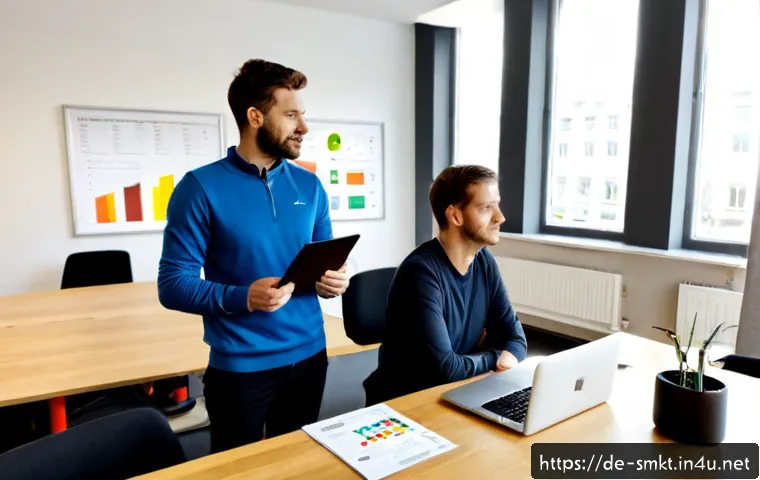 스포츠마케팅 실무에서의 문제 해결법 - Photorealistic sports marketing problem-solving meeting in a modern Berlin office, diverse German ma...